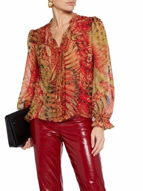 Walter Baker Sheer Abstract Animal Print Ruffle Tie Neck Blouse Red Green Size M